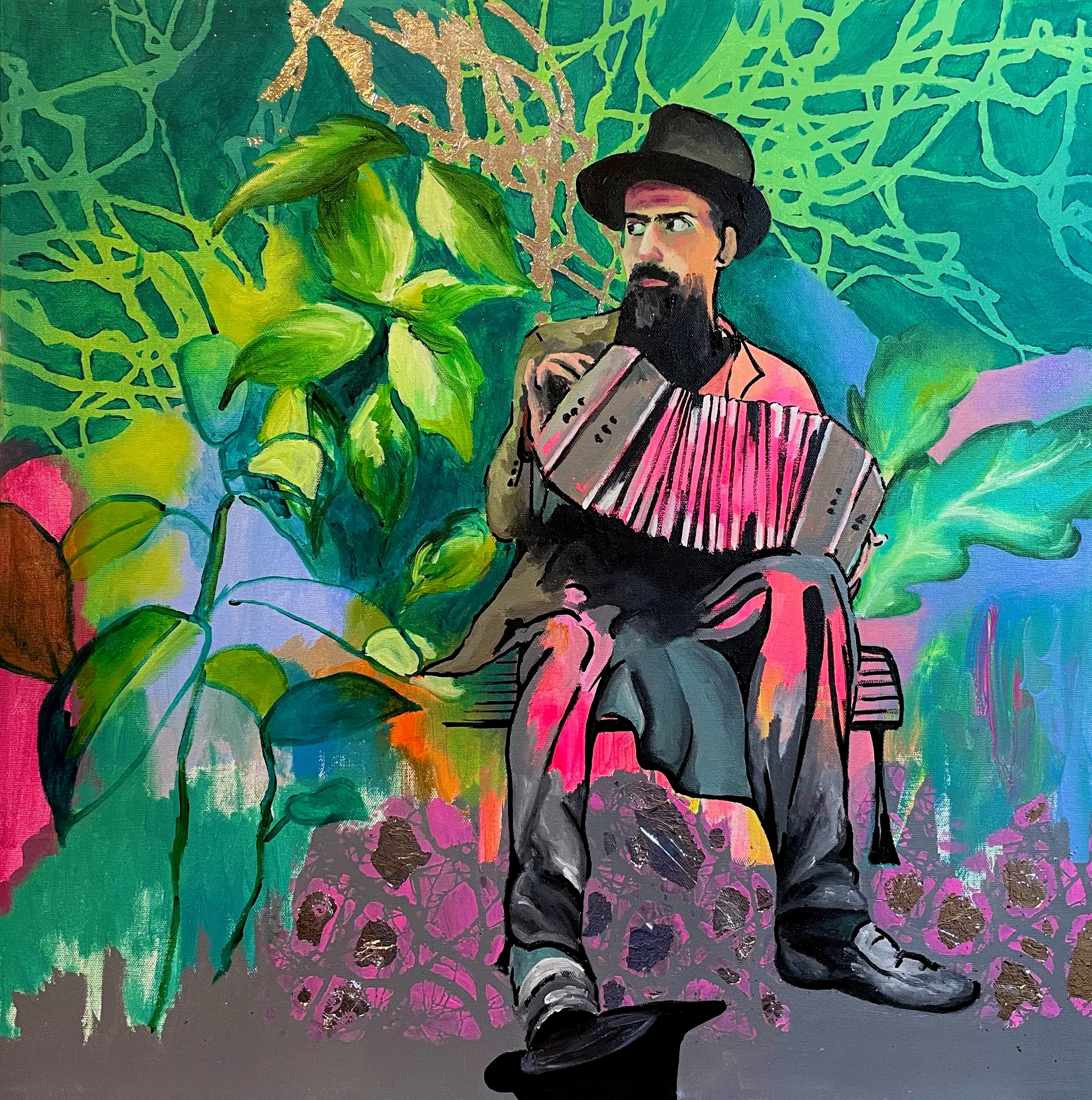 Jungle Busker, Acrylic and silver leaf on canvas, 24” x 24”, by Chelsie Wilson