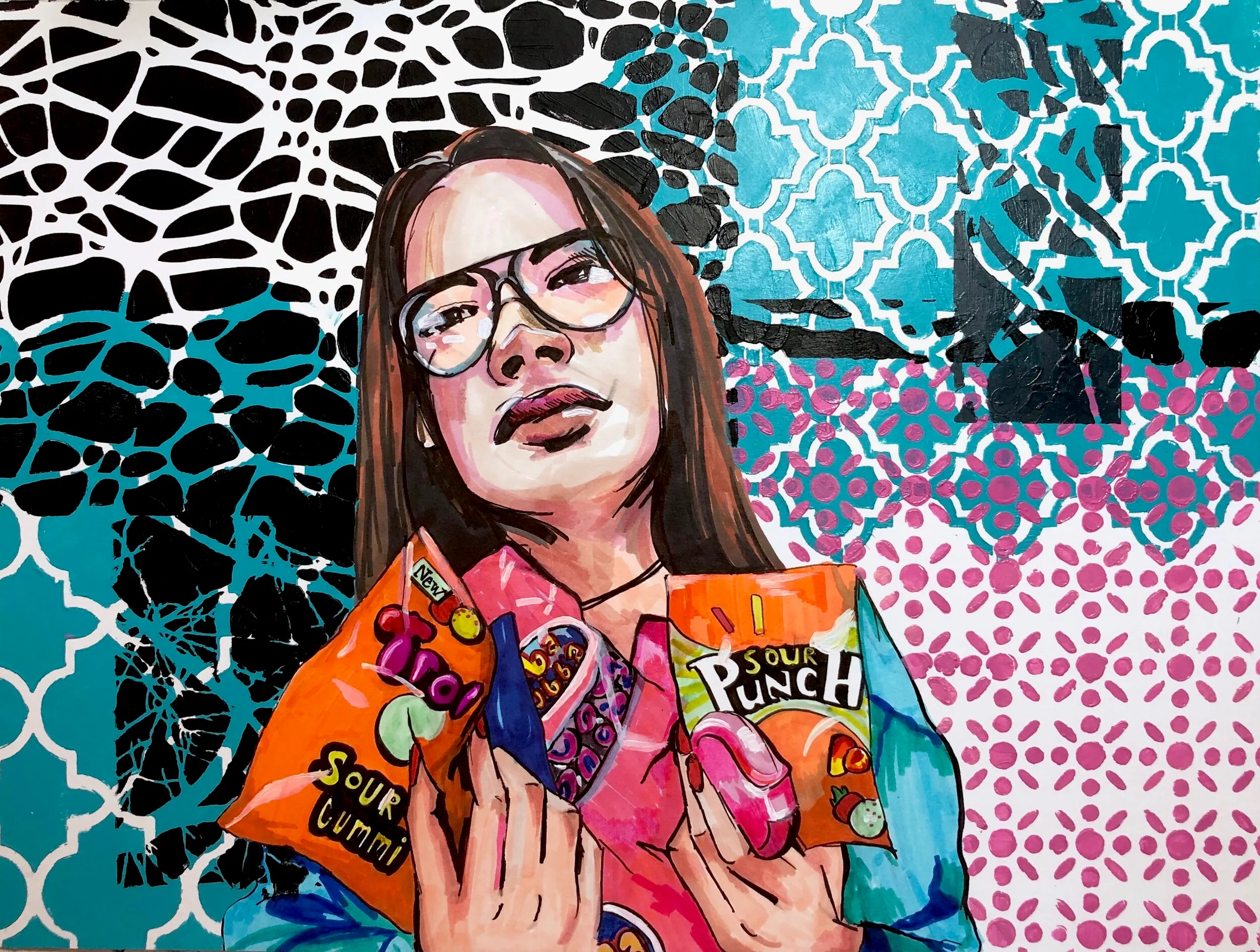 Looking Like a Snack, Mixed media on board, 12” x 16”, by Chelsie Wilson