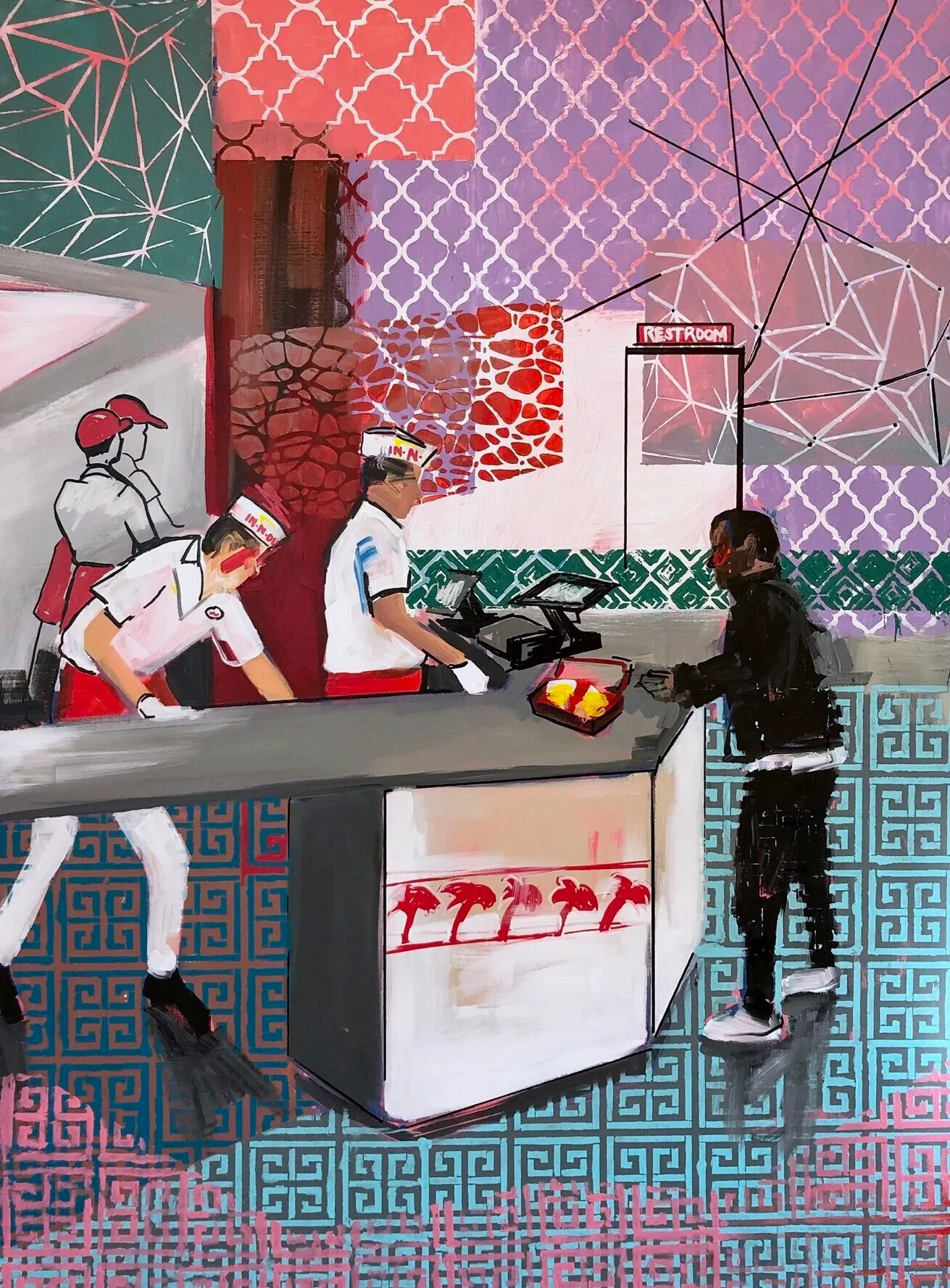 Working At In•N•Out, Acrylic on canvas, 30” x 40”, by Chelsie Wilson