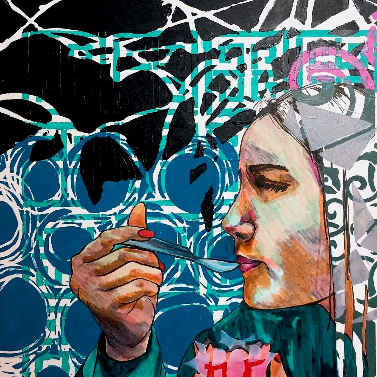 Yum, Mixed media on board, 12” x 12”, by Chelsie Wilson